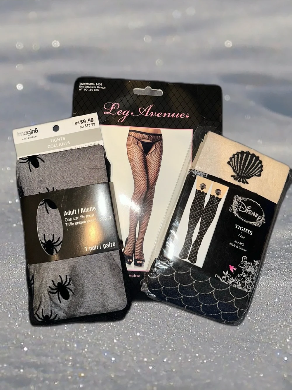 3 Pack Bundle: Leg Avenue Black Fishnet Hosiery, Disney Mermaid, Spider Sheer
